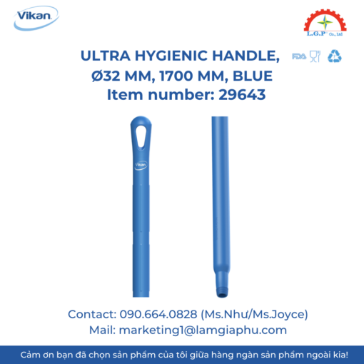 Cán chổi Vikan 29643, Ø32 mm, 1700 mm, Blue