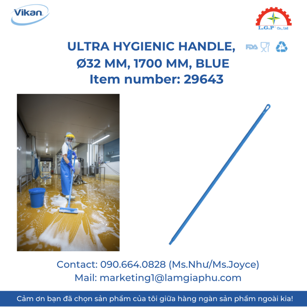 Cán chổi Vikan 29643, Ø32 mm, 1700 mm, Blue