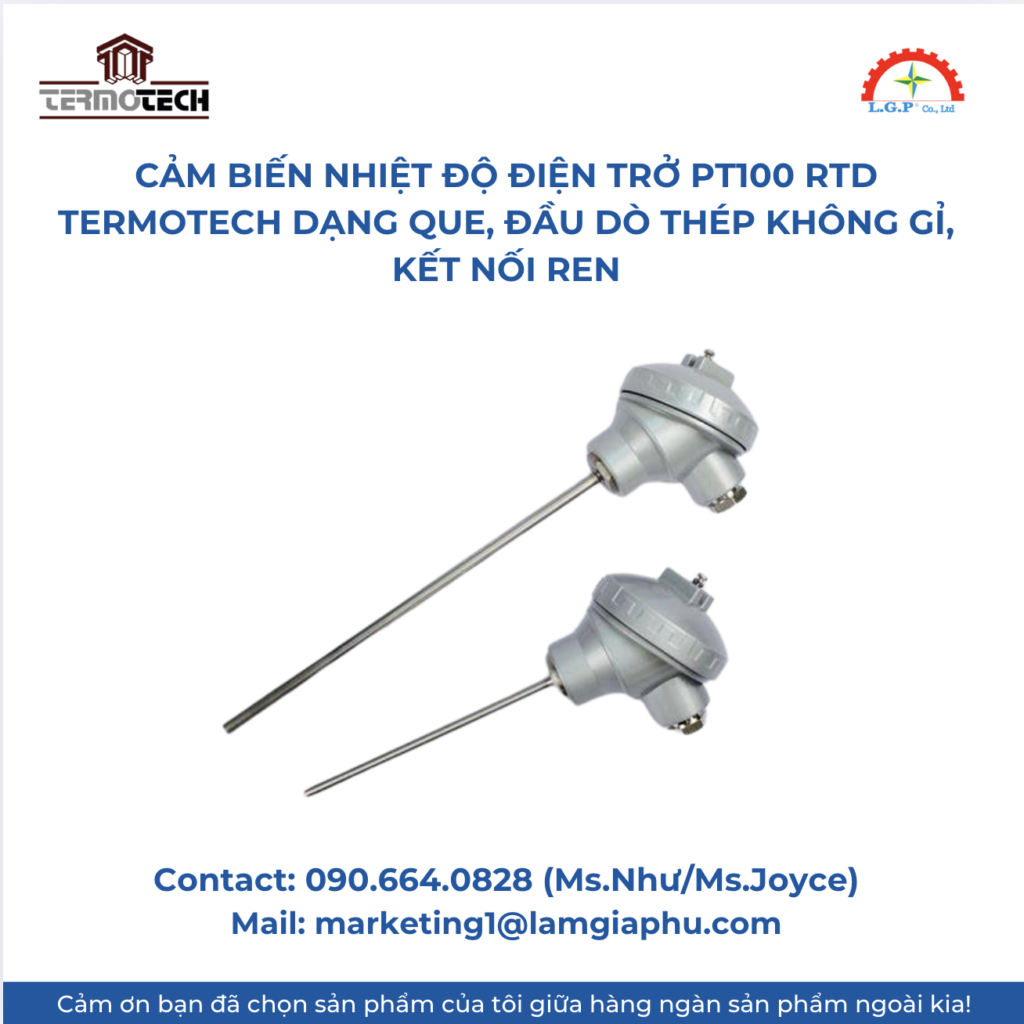 Cảm biến nhiệt độ điện trở PT100 RTD Termotech dạng que, đầu dò thép không gỉ, kết nối ren