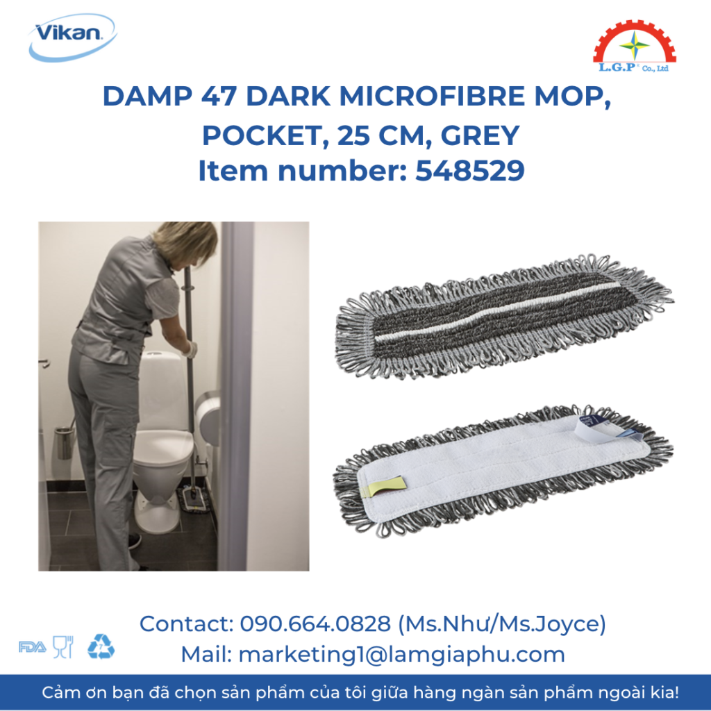 Khăn lau Vikan 548529 sợi nhỏ DampDry 47, móc & vòng, 25cm, Grey