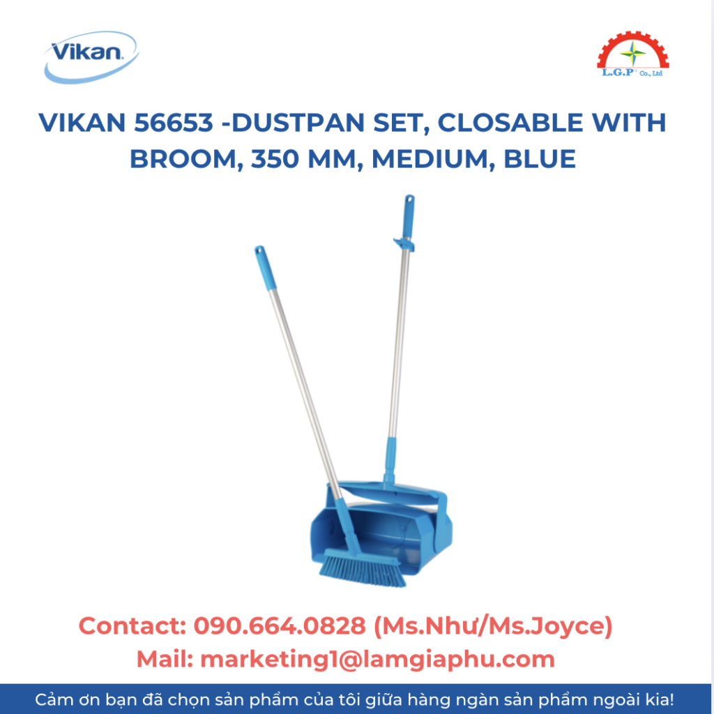 vikan 56653 -Dustpan set, closable with broom, 350 mm, Medium, Blue