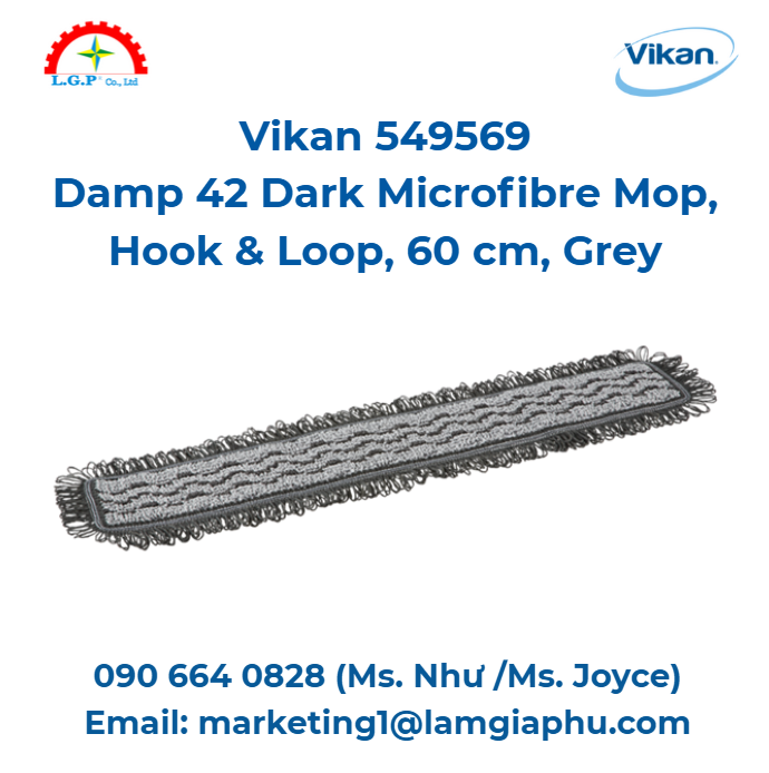 Cây lau sợi nhỏ tối màu Damp 42 Vikan 549569, hook và loop, 60 cm, xám
