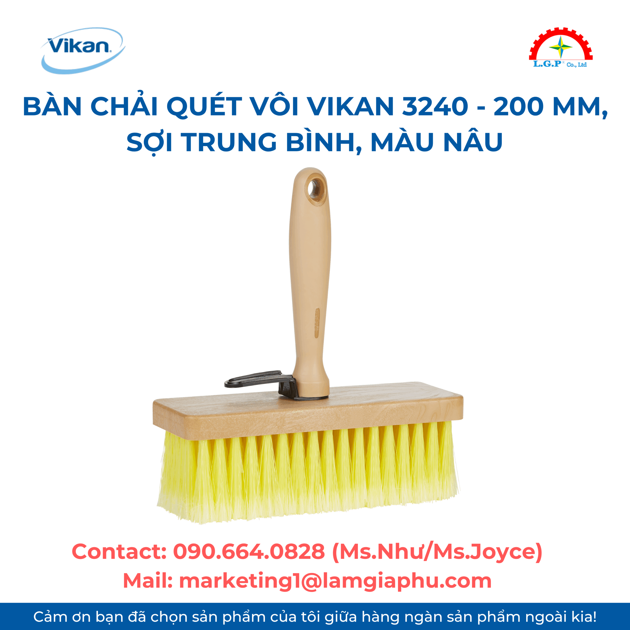 Bàn chải quét vôi Vikan 3240 - 200 mm, sợi trung bình, màu nâu
